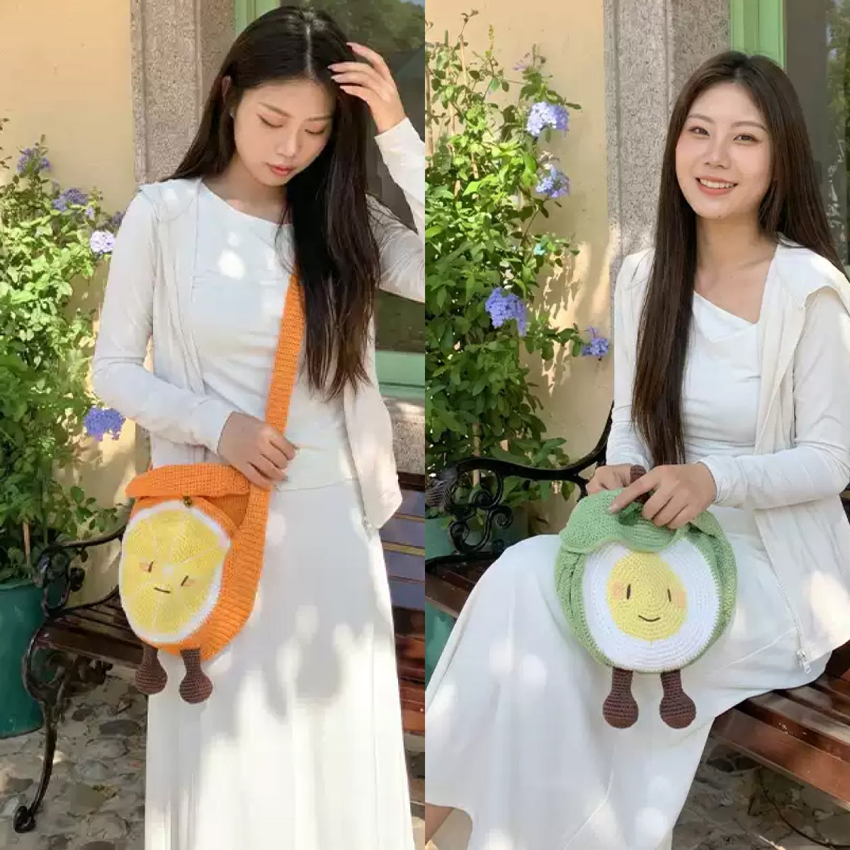 【手編みキット】Fruit-chan Bag(フルーツちゃんバッグ)|レトロかわいいフルーツモチーフバッグ|あみぐるみ風・オレンジ&青りんご|春夏コットン|初心者向け|編み図・動画付き