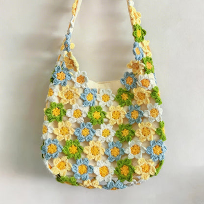 【手編みキット】花畑バッグ ｜インナーバッグ付き｜ぷっくりお花のモチーフ編みトートバッグ｜まるで持ち歩く花束｜春 夏 デイジーバッグ 編みレシピ付き