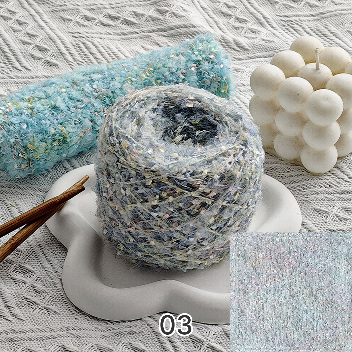 Dreamy Sparkle Yarn（ドリーミースパークルヤーン）｜ウール混紡・引き揃え糸｜スパンコール付き・韓国風マカロンカラー｜全15色