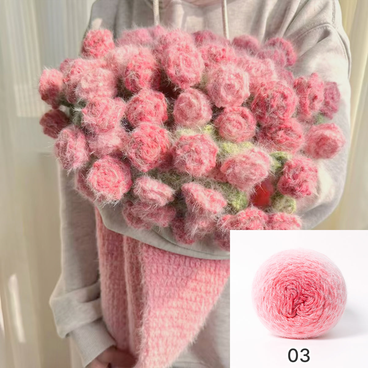 【手編みキット】花束ブランケット｜SNSで話題！ロングファーヤーンで編む｜選べる4タイプ（葉っぱ有無×サイズ）　電子版編みレシピプレゼント！