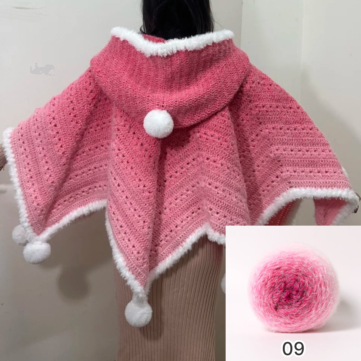 【手編みキット】ロングファーヤーンで編む「星ポンチョ」キット｜選べる丈＆フード＆ポンポン　電子版編みレシピ！