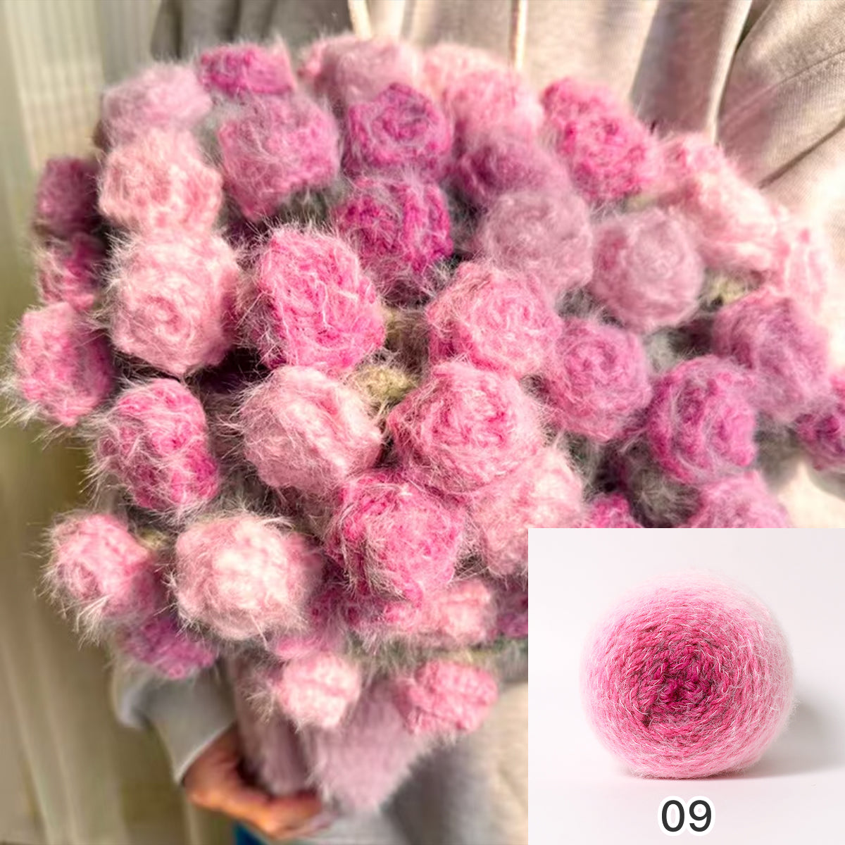 【手編みキット】花束ブランケット｜SNSで話題！ロングファーヤーンで編む｜選べる4タイプ（葉っぱ有無×サイズ）　電子版編みレシピプレゼント！