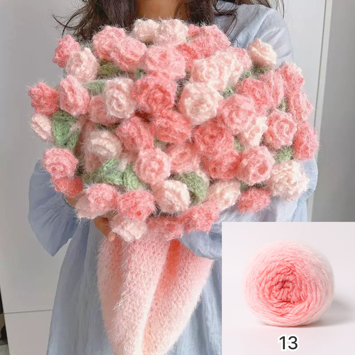 【手編みキット】花束ブランケット｜SNSで話題！ロングファーヤーンで編む｜選べる4タイプ（葉っぱ有無×サイズ）　電子版編みレシピプレゼント！