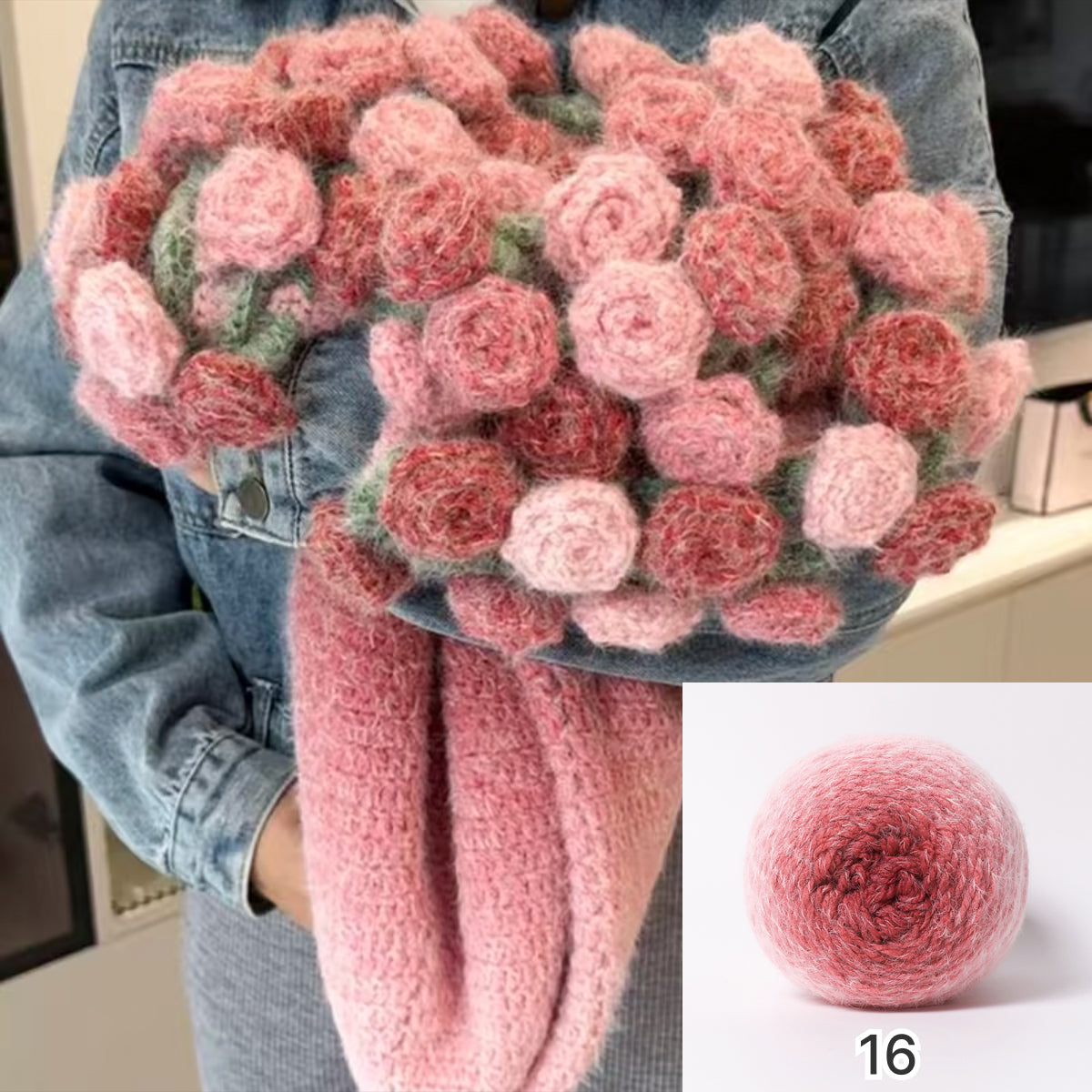 【手編みキット】花束ブランケット｜SNSで話題！ロングファーヤーンで編む｜選べる4タイプ（葉っぱ有無×サイズ）　電子版編みレシピプレゼント！