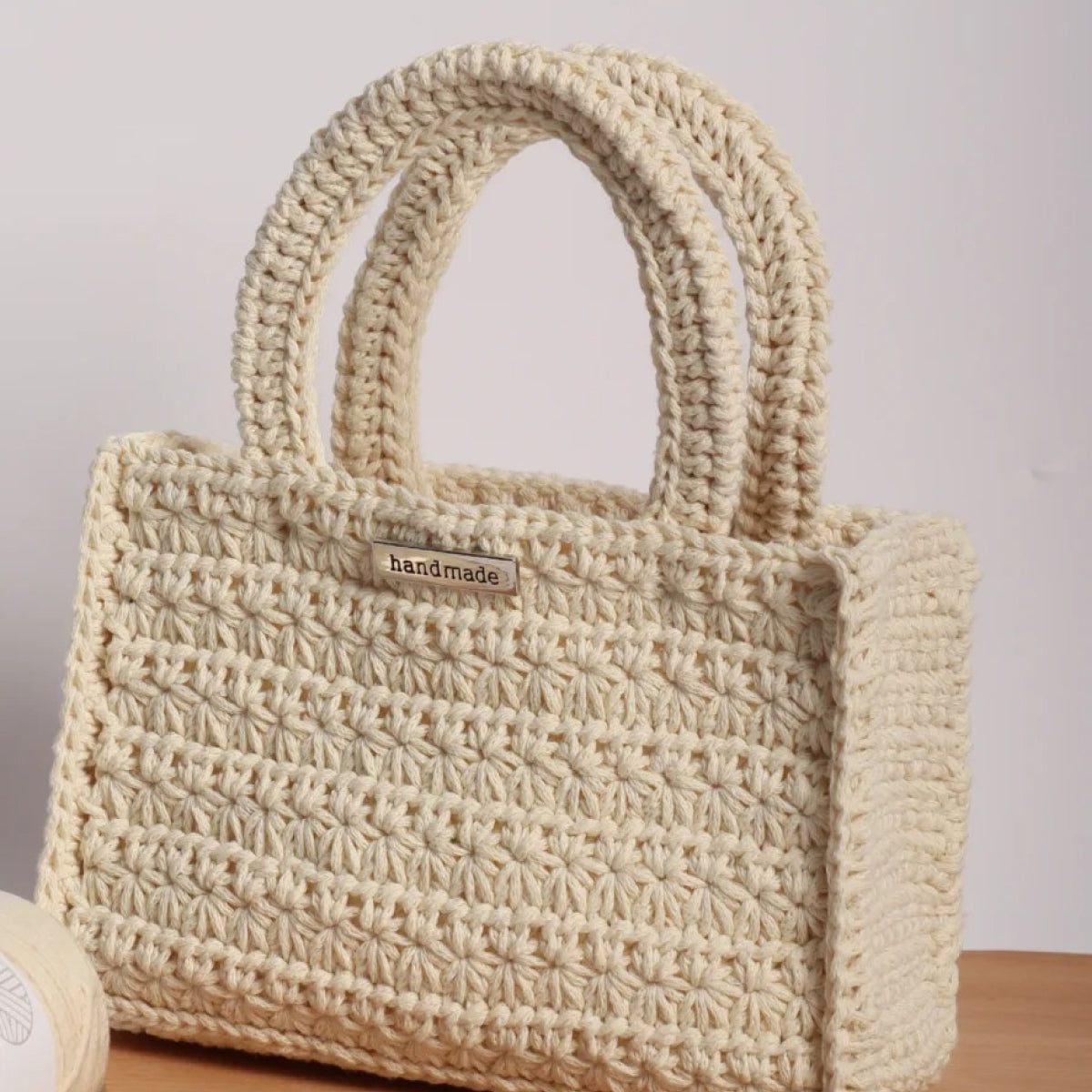 【手編みキット】綿100％ 星バッグ（hoshi bag）｜星形模様のスクエアバッグ ｜かごバッグ風・全37色｜ボトルホルダーにもなるデイジーチャーム付き｜編み方動画レシピ付き