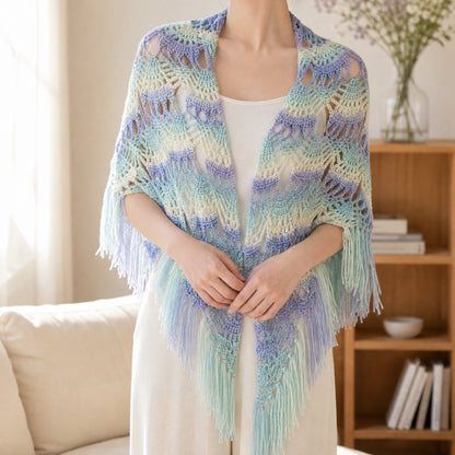 【手編みキット】Pina Fringe Shawl（ピナフリンジショール）｜パイナップル模様の大判ショール｜ロングフリンジ・透かし編み・段染め｜編み図付き（一部動画あり）
