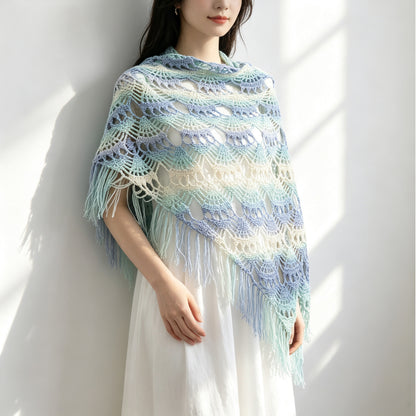 【手編みキット】Pina Fringe Shawl（ピナフリンジショール）｜パイナップル模様の大判ショール｜ロングフリンジ・透かし編み・段染め｜編み図付き（一部動画あり）