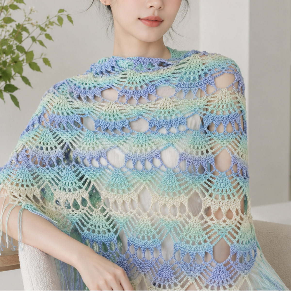 【手編みキット】Pina Fringe Shawl（ピナフリンジショール）｜パイナップル模様の大判ショール｜ロングフリンジ・透かし編み・段染め｜編み図付き（一部動画あり）