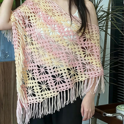 【手編みキット】Bloom Hana Poncho（ブルームハナポンチョ）｜花模様の透かし編みクロシェポンチョ｜ロングフリンジ・グラデーション｜冷房対策｜編み図付き（一部動画あり）
