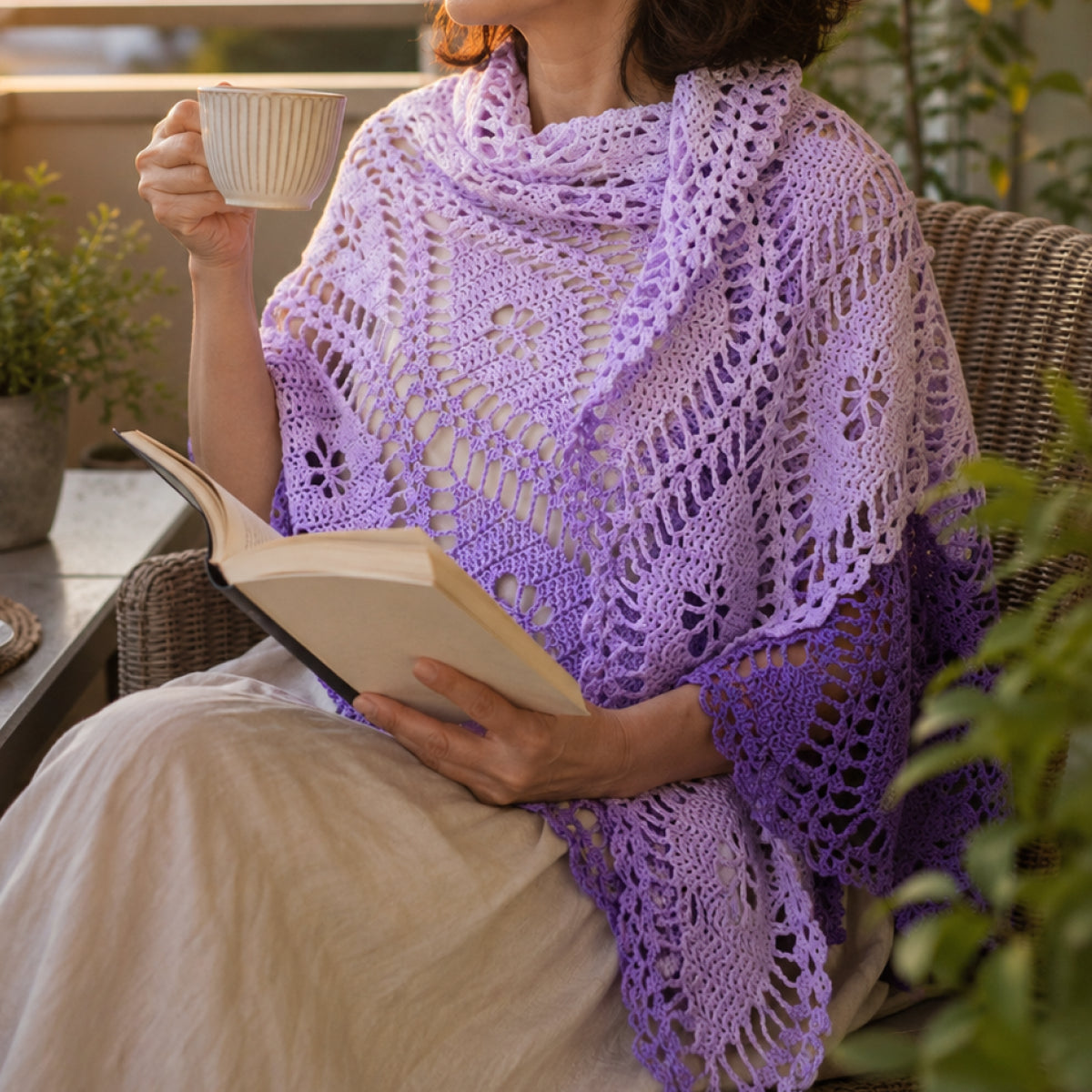 【手編みキット】Aqua Shawl（アクアショール）｜透かし編みの三角ショール｜パイナップル風模様｜春夏・冷房対策｜編み図付き（一部動画あり）
