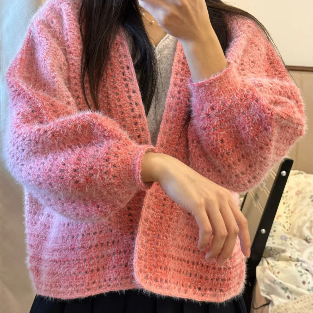 【手編みキット】ヘキサゴンカーディガン｜ロングファーヤーン｜話題の六角形カーデ 編み図付き