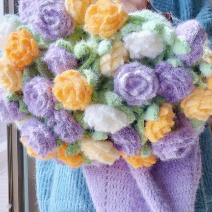 【手編みキット】花束ブランケット｜SNSで話題！ロングファーヤーンで編む｜選べる4タイプ（葉っぱ有無×サイズ）　電子版編みレシピプレゼント！